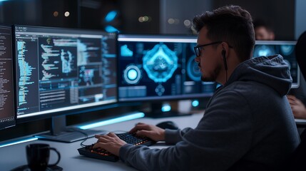 Poster -  A focused male tech worker sitting at a sleek workstation, typing on a futuristic keyboard with multiple monitors displaying lines of code and cybersecurity analytics