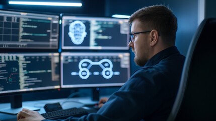Poster - A professional male cybersecurity analyst in a modern office, sitting in a high-backed ergonomic chair, multiple screens displaying firewall protection and encrypted data flows