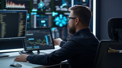 Poster - A professional male cybersecurity analyst in a modern office, sitting in a high-backed ergonomic chair, multiple screens displaying firewall protection and encrypted data flows