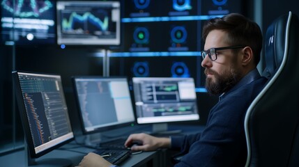 Poster - A professional male cybersecurity analyst in a modern office, sitting in a high-backed ergonomic chair, multiple screens displaying firewall protection and encrypted data flows