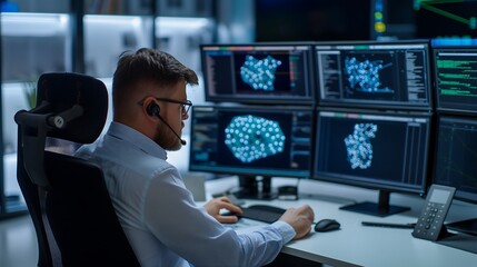 Poster - A professional male cybersecurity analyst in a modern office, sitting in a high-backed ergonomic chair, multiple screens displaying firewall protection and encrypted data flows