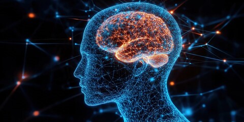 Poster - Visualization of neural connections in a human brain illuminated against a dark background