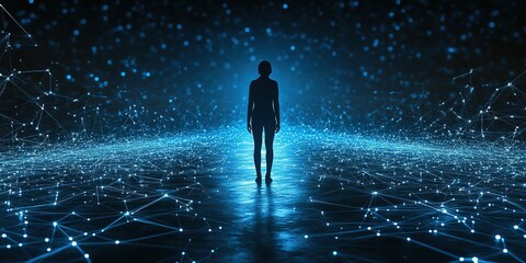 Poster - digital silhouette standing in a network of glowing connections in a dark space during a conceptual 