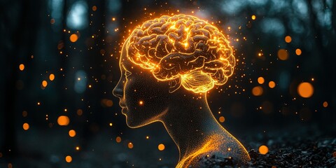 Poster - Conceptual portrayal of human brain illuminated with sparks symbolizing creativity and thought in a dark forest setting