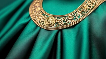 Wall Mural - Elegant Green Fabric with Gold Embellishment and Textured Detail