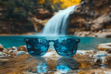 Wall Mural - Sunglasses reflecting waterfall in pristine natural pool