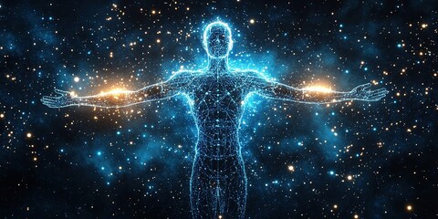 Poster - Human figure embodying energy and light in a cosmic environment with a star-filled backdrop and glowing elements