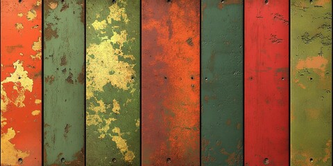 Poster - Weathered wooden panels displaying vibrant colors and textures in a rustic setting