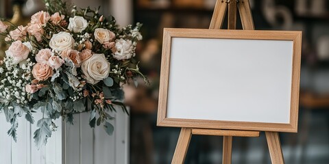 Wall Mural - Elegant floral arrangement beside a blank wooden easel in a cozy indoor setting during daylight hours