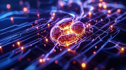 Fototapete - 3D digital representation of interconnected brains with glowing neural pathways, showcasing advanced technology and innovation in neuroscience