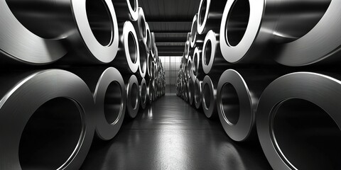 Poster - Metal pipes arranged in a manufacturing facility create a modern industrial environment with a focus on symmetry and geometry