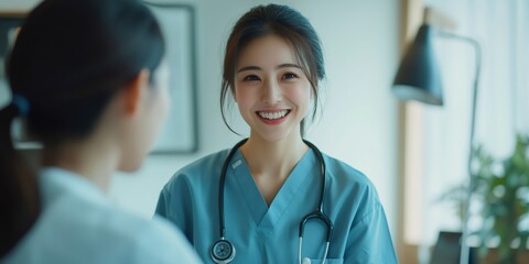 Poster - Smiling asian female doctor is talking with patient in medical office