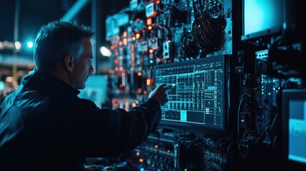 Poster - Electrical engineer managing and controlling servers in modern data center, working on computer with futuristic interface, managing and monitoring sophisticated electronic equipment