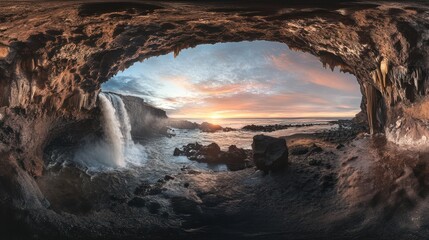 Wall Mural - Coastal cave waterfall sunrise; ocean backdrop, travel