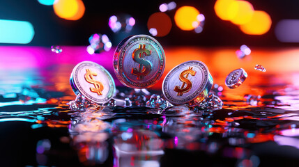Poster - Vivid holographic currency symbols floating above reflective surface, creating dynamic and colorful atmosphere. scene evokes sense of wealth and modern finance