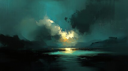 Wall Mural - Serene teal sunset landscape painting soft light moody atmosphere. AI Generated