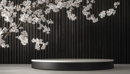 Poster - Elegant Japanese Podium With Cherry Blossom White For Stunning Product Presentation Rendering.