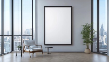 Poster - Modern Dining Room With A Blank Poster On The Wall, Wooden Furniture, Large Window View, And Urban Vibe. High Quality Rendering.