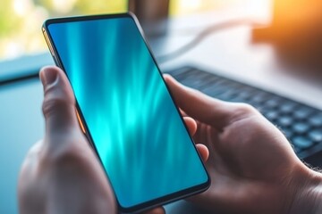 Close-Up of Hands Typing on Mobile Phone Screen Illuminated by Blue Light