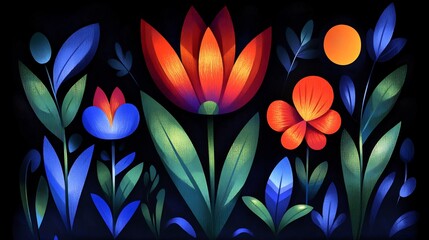 Wall Mural - Vibrant stylized flowers bloom darkly illuminated against a deep black background. AI Generated