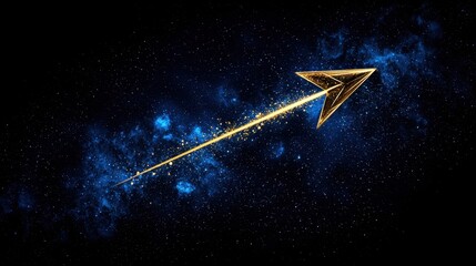 Poster - Golden Arrow Traveling Through Cosmic Space with Sparkling Stars and Mystical Blue Swirls and a Dark Background for Abstract Art and Design