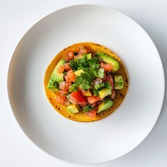 Wall Mural - Delicious avocado and tomato salsa on a crispy corn tortilla served on a white plate