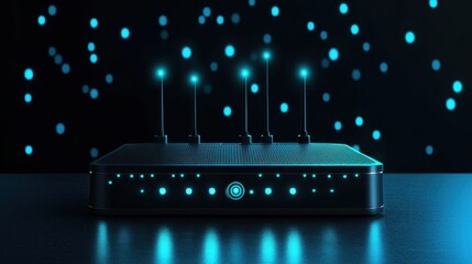 Poster - Modern Router with Illuminated Antennas and Soft Blue Background Featuring Dynamic Bokeh Effect for Technology and Communication Themes