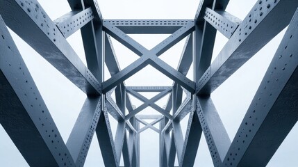 Eye-catching view of a steel bridge structure from below showcasing intricate design elements in an urban environment under a cloudy sky