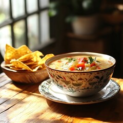 Wall Mural - Delicious creamy soup with fresh vegetables and tortilla chips on a rustic wooden table