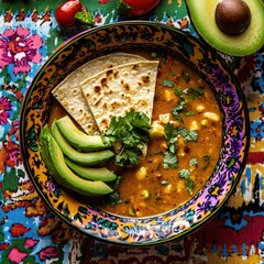 Wall Mural - Vibrant mexican pozole soup with avocado and tortillas on colorful textile backdrop