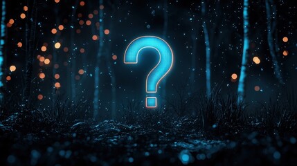 Poster - Mysterious Enigmatic Landscape with Glowing Question Mark in a Dark Forest with Glimmering Lights and Textured Ground for Creative Concepts
