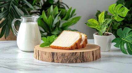 Wall Mural - Delicious pound cake slices with fresh milk and green plants on a marble table top