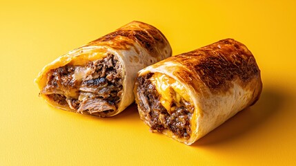 Wall Mural - Two delicious pulled beef burritos with melted cheese on a vibrant yellow background