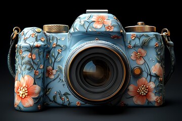 Ornately designed camera with floral patterns, showcasing intricate details against a dark backdrop