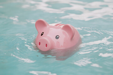 A pink piggy bank bobs serenely in a refreshing pool, suggesting thoughts of savings and financial stability, even in turbulent times. 