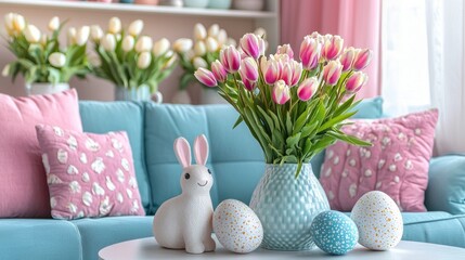 Leinwandbilder - Bright tulips in a vase add a vibrant touch to the cozy living room, where pastel cushions and decorative eggs create an inviting atmosphere for spring festivities