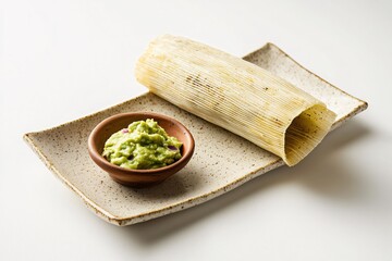 Wall Mural - Authentic Mexican Tamale with Fresh Guacamole on a Rustic Plate a Culinary Delight