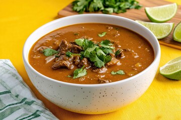 Wall Mural - Hearty beef stew with fresh cilantro and lime wedges on a bright yellow background