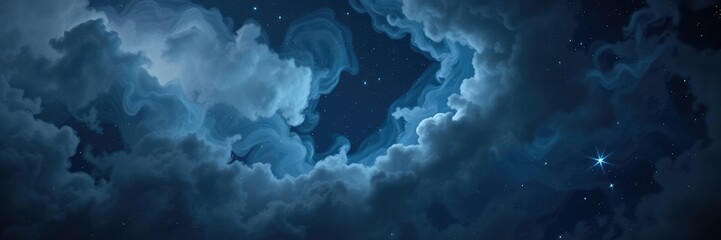 Wall Mural - swirling clouds of grey and blue tones, stars twinkling like diamonds against a dark canvas, univers