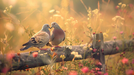 Wall Mural - A pair of doves sitting on a rustic wooden fence, with a warm, blurred background of wildflowers and tall grass swaying in the breeze.