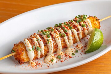 Wall Mural - Delicious Mexican Street Corn on a Stick with Lime and Herbs on a White Plate Close Up