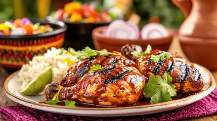 Wall Mural - Delicious Grilled Chicken Drumsticks with Rice and Lime on a Plate Ready to be Served