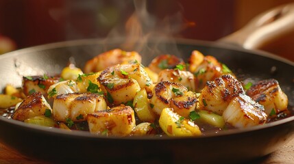 Wall Mural - Delicious golden seared scallops with fresh herbs and vegetables in a cast iron skillet