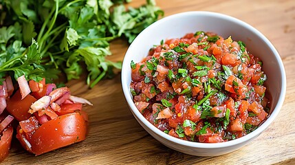 Wall Mural - Fresh tomato salsa in white bowl with parsley and onion on wooden board delicious food