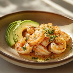 Wall Mural - Delicious Shrimp with Avocado Slices on a Ceramic Plate in Natural Sunlight Setting