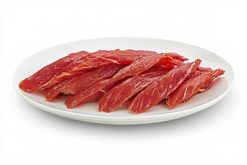 Wall Mural - Sliced seasoned meat on a white plate capturing the vibrant color and delicious texture