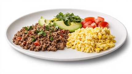 Wall Mural - Delicious and Healthy Food Plate with Ground Meat Avocado Tomato Cilantro and Corn Scramble