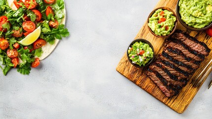 Wall Mural - Delicious grilled steak with fresh guacamole and tomato salad on rustic wooden board plate