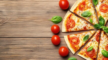 Wall Mural - Delicious Homemade Pizza Slices with Fresh Tomatoes and Basil on Rustic Wooden Background