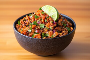 Wall Mural - Vibrant vegetarian bowl with lime garnish on wooden table a culinary delight for food lovers